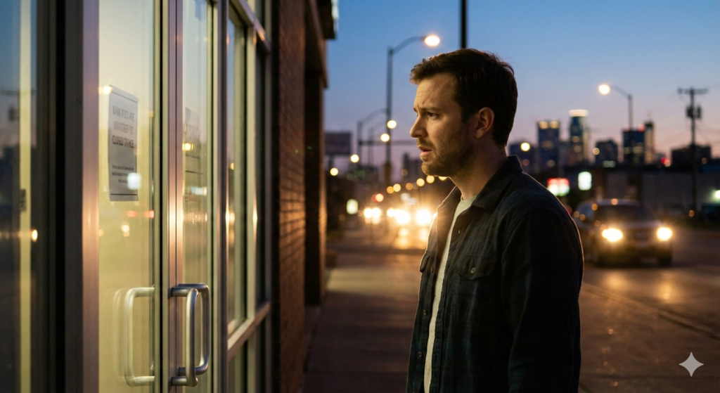 אדם עומד מול דלת סגורה של בנק ומביט קדימה בחיפוש אחר פתרון משכנתא חלופי.